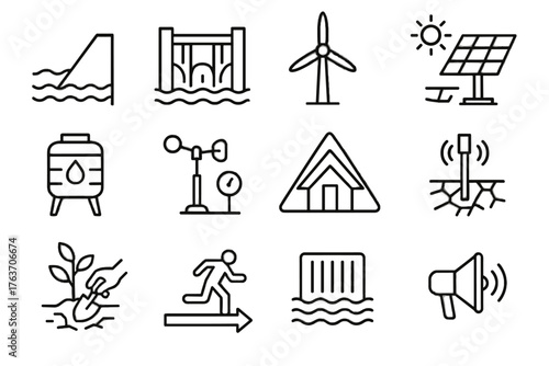 Resilient weather infrastructure sensor shelter vector planting route icons monitor warning solar