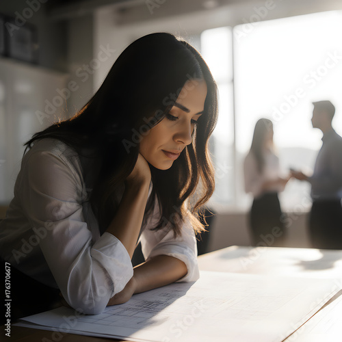 Young female architect reviewing blueprint plans at desk in contemporary office space
