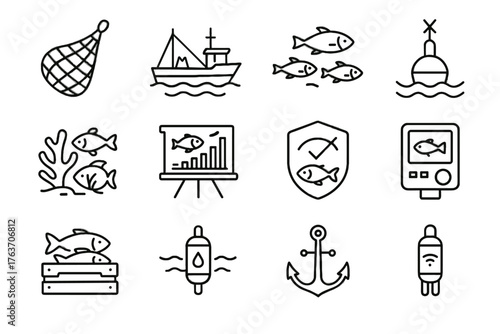 Fish icon marine device eco responsible net sensor fishing icons vector sonar