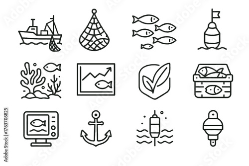 Quality trawler net fisheries icon ocean friendly boat device anchor reef vector