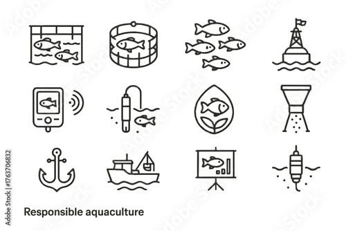 Feeding anchor fish vector icon aquaculture device set sensor net eco quality