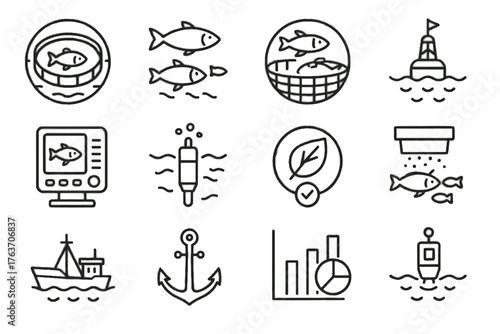 Sensor school trawler sonar anchor water feeding icon icons sustainable aquaculture vector