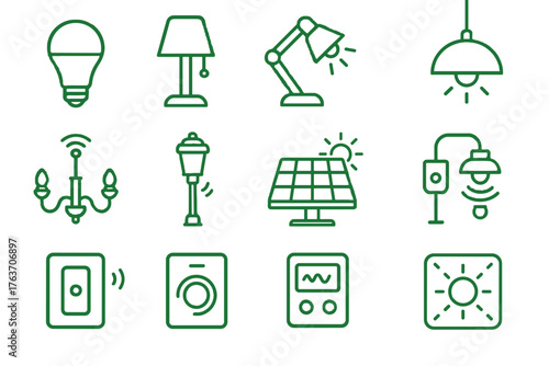 Vector pendant lighting icons chandelier light led smart icon lamp bulb energy