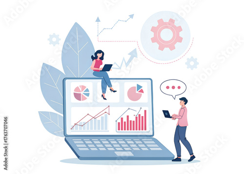 Data Analysis & Innovation: Illustration of two individuals collaborating, immersed in a virtual representation of data analytics, using digital devices to drive innovation and strategic solutions.