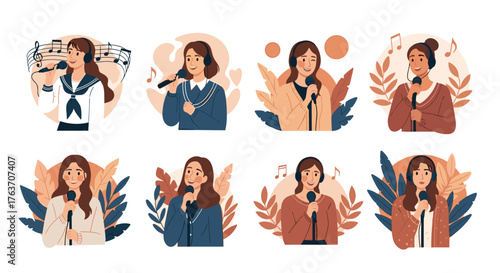 Diverse Group of Young Female Singers Performing with Microphones in a Variety of Styles, Expressing Joy and Passion, Ideal for Music Industry, Entertainment, Education, and Cultural Events, Modern Il