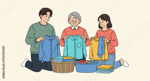 Multigenerational Family Folding Laundry Together at Home in a Bright, Minimalist Illustration Style, Sharing Household Chores and Domestic Life, Promoting Family Bonding and Helping with Housework, I
