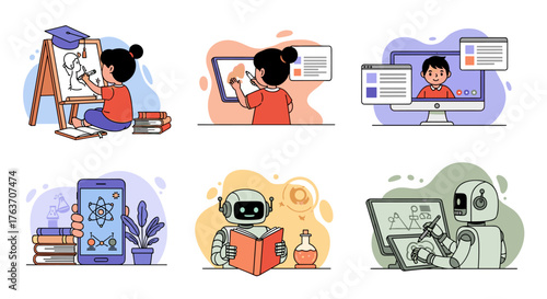 Diverse Learning Methods Illustration: Students using Easel, Tablet, Computer, Smartphone with Science App, Robot Reading Book, Robot Creating Art on Graphic Tablet for Education Technology in Modern