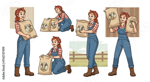 Female Farmer Lifting Sacks of Feed on the Farm with Cow Logo, Agricultural Worker Posing with Bags, Rural Lifestyle, Agriculture Industry, Farming, Livestock, Red Hair, Countryside, Cartoon Style, Gr