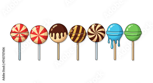 Colorful Lollipops Candy Collection, Sweet Treats Confectionery Assortment for Kids Party, Delicious Sugar Dessert Concept, Whimsical, Playful Design for  Marketing,  Celebration, Fun, Decoration,  Fo