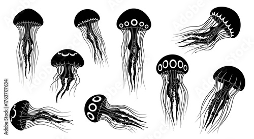 Elegant Jellyfish Silhouettes Floating in Ocean Depths: Marine Life Illustration for Conservation Awareness, Scientific Study, and Nautical Design – Graceful, Tranquil, Minimalist Style Black and Whit