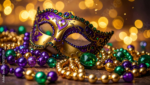 Mardi Gras, golden, purple and green beads with masks, shiny bokeh lights, no people