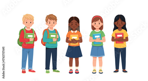 Diverse Group of School Children Holding Books Ready for Learning, Standing Together in Education Setting, Representing Childhood Development and Academic Success, Colorful Cartoon Illustration for Pr
