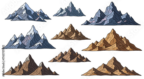 Majestic Mountain Ranges Illustration Collection: Diverse Set of Rocky Peaks in Varied Terrains for Cartography, Game Design, Backgrounds and Nature-Themed Presentations; Outdoor Adventure, Exploratio