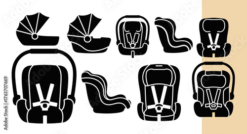 Diverse Collection of Baby Car Seats for Infant Transportation Safety: A Comprehensive Set of Child Restraint Systems, Including Rear-Facing, Convertible, and Booster Seats, Ensuring Newborn and Toddl