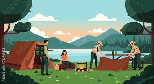 Camping Trip by Lake with Park Rangers Setting Up Picnic for Campers Enjoying Nature, Mountain Views, Using Outdoors for Recreation, Adventure, and Connecting with Wilderness & Family, Vector Illustra
