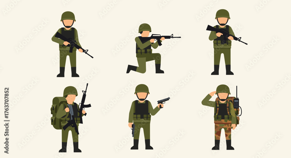 Naklejka premium Diverse Military Personnel Illustrations: Soldiers in Action Poses Representing Armed Forces, Defense, and Security Operations in Various Tactical Scenarios, Ideal for Training Manuals, Infographics,