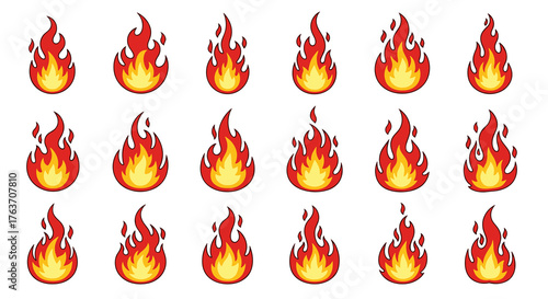 Animated Fire Sprites for Game Design & Arson Safety Illustration, Red Flames Dancing on White Background, Hot Inferno Energy Concept, Danger Sign Imagery, Burning Passion Symbol, Campfire Bonfire Ill