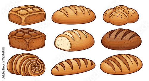 Artisanal Baked Goods Collection, Assorted Loaves Displayed, Perfect for Bakery Menu, Cafe Poster, Fresh Food Blog, Restaurant Promotion. Variety of Breads;  Sourdough, Swirl, & Square. Illustrative S