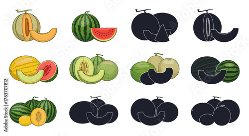 Assorted Melons Displayed with Slices on White Background: Colorful Watermelon, Cantaloupe, Honeydew, for Healthy Eating Education, Summer Advertising, Farm to Table Lifestyle, Nutritional Illustratio