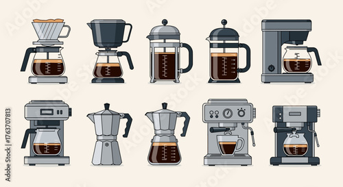 Coffee Brewing Methods Collection: Exploring Diverse Coffee Makers in a Kitchen Setting, Showcasing Pour Over, French Press, Moka Pot, and Espresso Machine for Cafe or Home Use - Stylish Flat Vector G