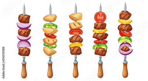 Grilled Vegetable Skewers with Meat Kebab Illustration: Colorful Food Art for BBQ Menus, Recipe Cards & Cooking Blogs Featuring Kabobs, Shish, & Brochettes; Perfect for Summer Picnics, Party Food, & D