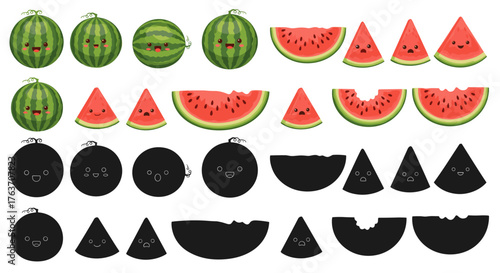Cute Watermelon Cartoon Characters Collection: Slices and Whole Fruits with Sweet Smiling Faces on a White Background, Perfect for Summer Designs, Healthy Eating Promotion, Kids Education, and Happy L