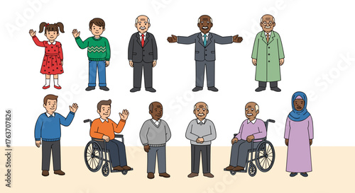 Diverse Group of People Waving Hello Illustration with Various Ethnicities, Ages, and Abilities in a Community Setting for Education, Healthcare, Business, and Social Campaigns, Promoting Inclusion, T