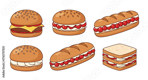 Delicious Assortment of Sandwiches and Burgers Illustration on White Background, Perfect for Food and Beverage Marketing, Restaurant Menus, Cafe Advertising, Culinary Arts, Fast Food Promotion, Whimsi