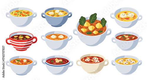 Assorted Soups in Bowls: A Culinary Collection Displaying Various Savory Broths and Garnishes for Restaurant Menus and Recipe Books Featuring Different Flavor Profiles & Textures in Diverse Vessels, a