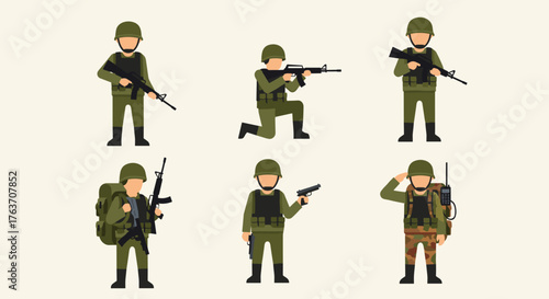 Diverse Military Personnel Illustrations: Soldiers in Action Poses Representing Armed Forces, Defense, and Security Operations in Various Tactical Scenarios, Ideal for Training Manuals, Infographics,