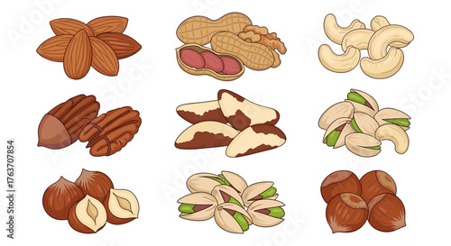 Assorted Nuts Still Life Composition: Almonds, Cashews, Peanuts, Pistachios, Hazelnuts, Brazil Nuts, Pecans Displayed on White Background for Healthy Eating, Snack Food, Culinary Illustrations, and Di