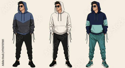 Stylish Young Man Posing in Various Color Hoodies and Joggers Against Plain Backdrop Showcasing Urban Streetwear Fashion and Apparel for Catalog or Online Store Advertising Promoting Casual Lifestyle