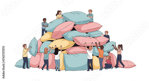 Diverse Group Building Gigantic Pillow Fort Together for Fun, Teamwork and Cooperation at Sleepover Party Indoors, Illustrating Friendship, Unity, and Community Spirit for Youth Lifestyle, Education,