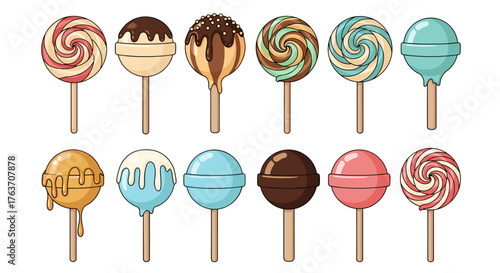 Assorted Sweet Lollipops Collection in Cartoon Style: Whimsical Candy Sweets for Treats, Confectionery Shop Design, Food Illustrations, Bakery, Kids Party Decorations, Graphic Resources, Vibrant Color