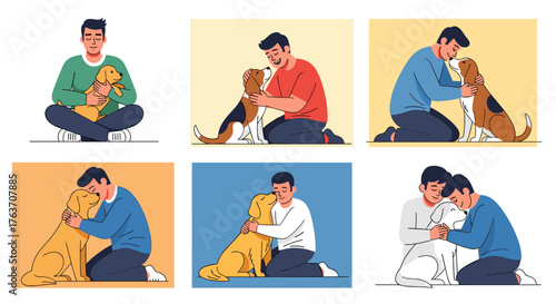 Caring Man with Dog Companion Expressing Love and Friendship Indoors, a Symbol of Pet Ownership, Health, Veterinary Care, and Emotional Support in a Minimalist Flat Illustration Style for Presentation