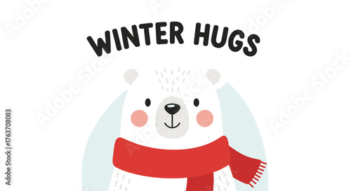 Cute Polar Bear Offering Winter Hugs Illustration in Snowy Scene: Adorable Cartoon Bear with Red Scarf for Seasonal Greetings, Holiday Designs, Children's Books, Cozy Christmas, Festive Cheer, Animal