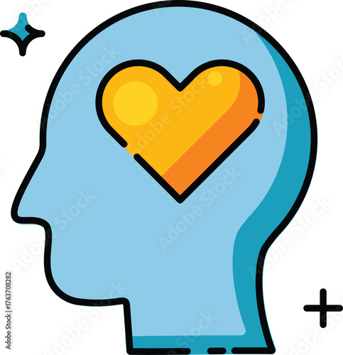 Blue human head with a yellow heart symbol inside, perfect for medical, mental health, love, empathy, and emotional concepts.