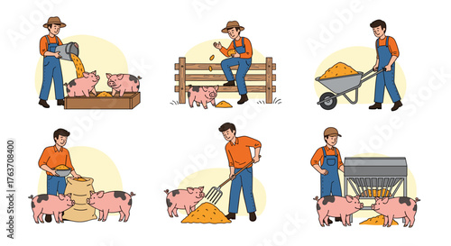 Pig Farming Lifecycle Illustration: Farmer Feeding Pigs with Grain on Animal Farm, Showing Agricultural Practices, Livestock Management, Rural Lifestyle, Veterinary Healthcare, Sustainable Agriculture