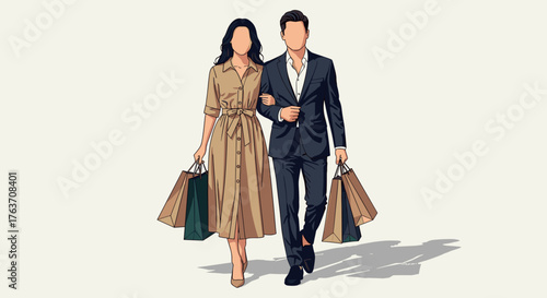 Stylish Couple Shopping Together Downtown in Modern Cityscape - Sophisticated Man and Woman Enjoying Retail Therapy, Urban Lifestyle, Fashion Outing, Consumerism, Leisure Activity, Advertising, Market