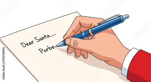 Handwriting Holiday Wishes: Santa Claus Letter Writing in Festive Red, Preparing Christmas Wishlist for December Celebration, Capturing Childhood Dreams with Ink Pen, Holiday Card Illustration, Gift R