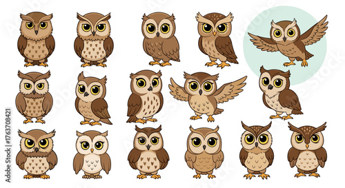 Cute Cartoon Owls Collection Posing on White Background - Adorable Owls with Big Eyes, Diverse Poses for Children's Illustration, Education, Wildlife Conservation, Animated Characters, Woodland Creatu