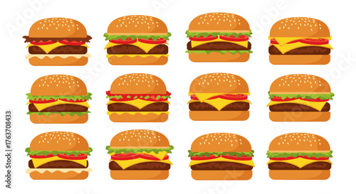 Delicious Burgers Assortment for Fast Food Advertising & Marketing Designs: Fresh Cheeseburgers & Hamburgers with Sesame Buns for Restaurant Menu Presentation & Online Delivery Posters in a Fun, Casua