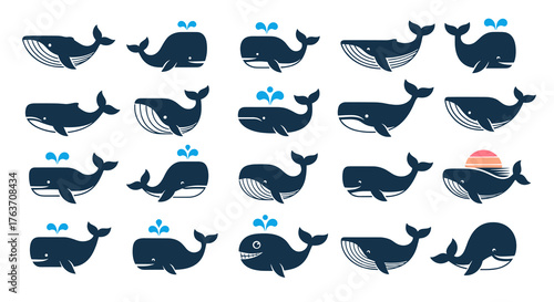 Whale Icons Collection in Ocean Depths: Underwater Aquatic Mammals Swimming with Tail Fin Design, Marine Wildlife Diversity for Conservation Awareness, Oceanography Study, Nautical Navigation, Vector