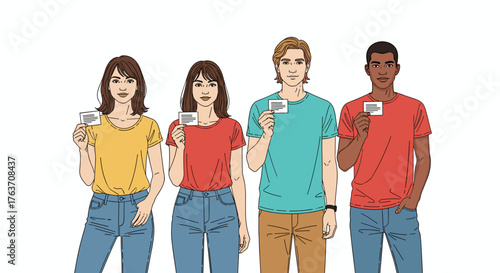 Diverse Professionals Holding Business Cards at Conference: Teamwork, Networking Event, Modern Business, Collaboration, Communication, Marketing, Presentation, Information, Connection, Credentials, Id