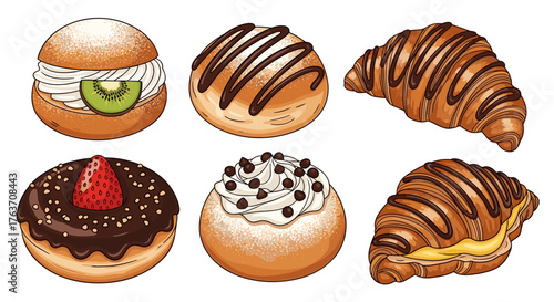 Artistic Pastries and Desserts Displayed on White Background Featuring Delicious Chocolate Croissants, Cream-Filled Buns, and Glazed Donuts for Bakery Menus, Cafe Advertising, and Confectionery Presen