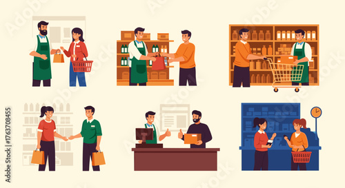Grocery Shopping Experience with Diverse Customers Interacting with Store Clerks in Varied Scenarios: A Focus on Retail, Commerce, Customer Service, and Positive Interactions Depicted in Flat Vector I