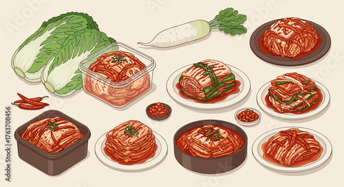 Assortment of Korean Kimchi Preparation Featuring Napa Cabbage, Daikon Radish, Chili Peppers, Fermentation in Jars and Plates Displayed, Showcasing Traditional Cuisine for Culinary, Lifestyle, and Cul