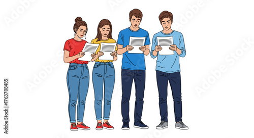 Diverse Group Reading Documents Together in Casual Setting, Discussing Project Plans for Business Education, Teamwork Collaboration,  Modern Professional Development, Checking Reports, Analyzing Infor