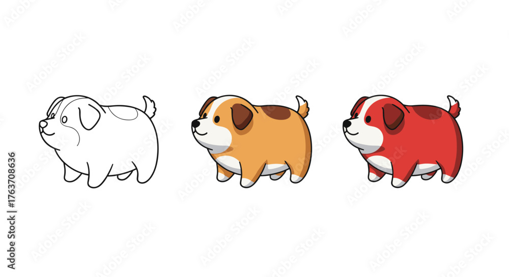 Fototapeta premium Adorable cartoon puppies in different colors and outline variations.