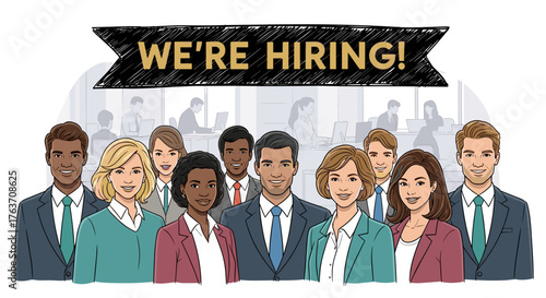 Diverse Business Team Announcing Hiring Opportunities in Modern Office Environment, Seeking Talented Professionals for Career Growth, Corporate Culture Recruitment, Employment, and Career Development,